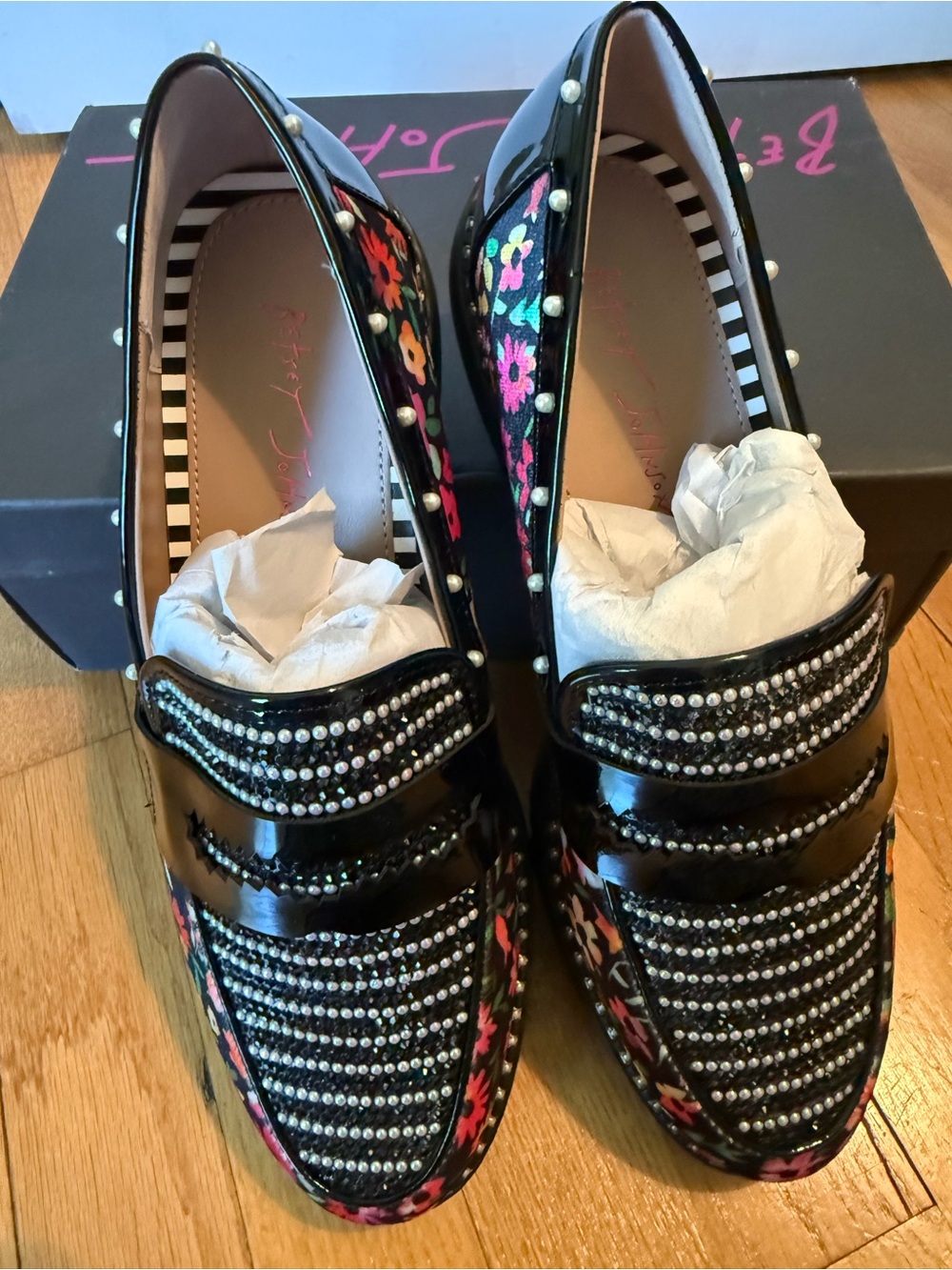 Betsey Johnson Black Patent Floral Loafers with Crystal Studs